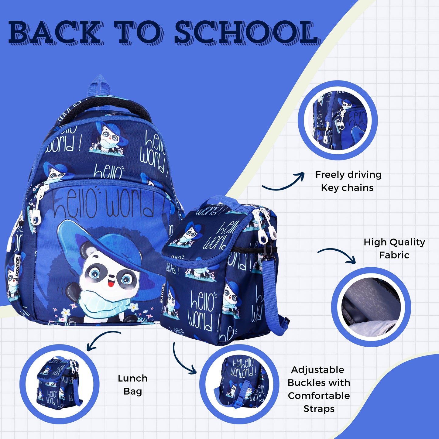 panda kids premium backpack with lunch bag