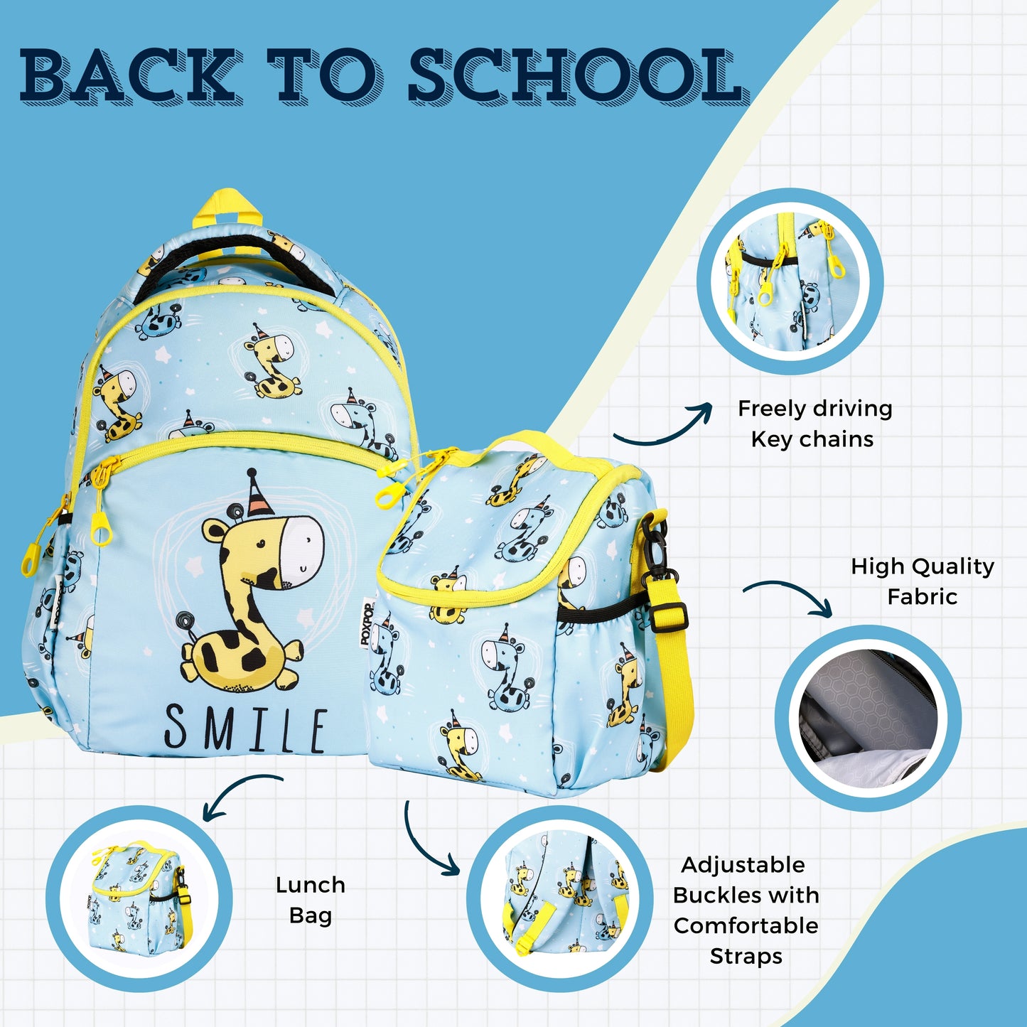 Giraffe blue  kids premium backpack with lunch bag